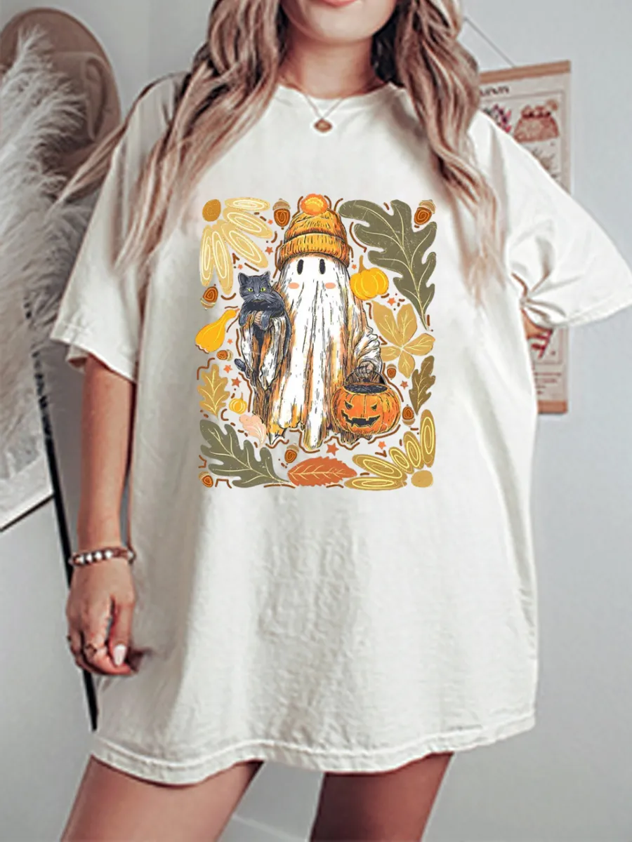 Vintage Floral Lace Boo Ghost Oversize Graphic Tee
