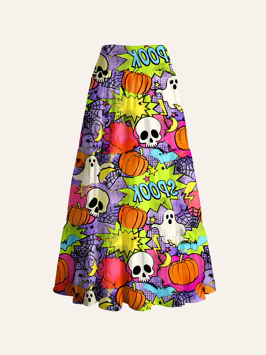 Pop Comic Halloween Ghost Pumpkin SPOOK Word Cabinet Convertible Maxi Skirts