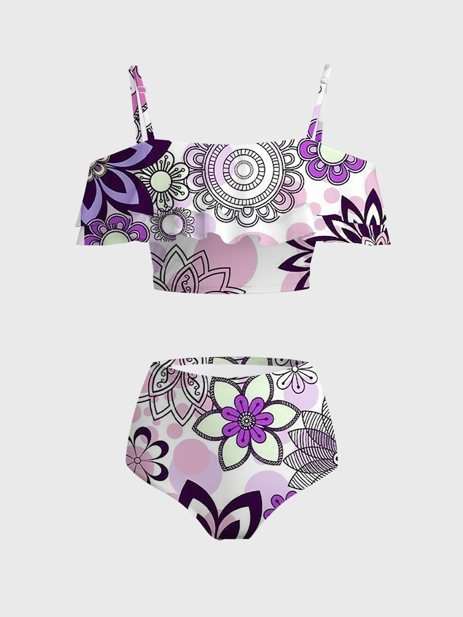 Vintage Bohemian Floral Mandala Two Piece Ruffled Tankini Swimsuit