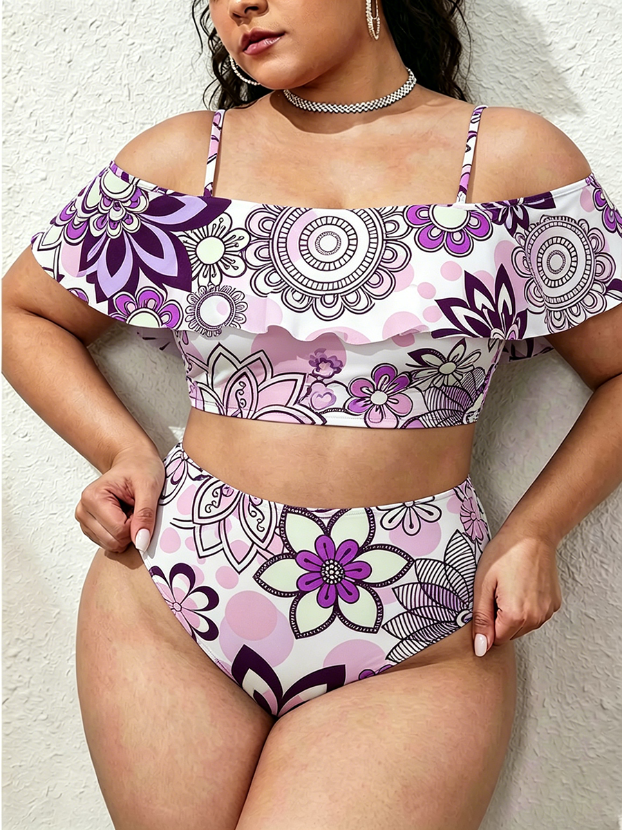Vintage Bohemian Floral Mandala Two Piece Ruffled Tankini Swimsuit