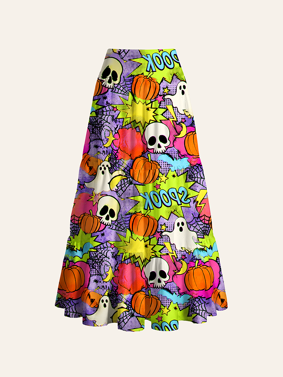 Pop Comic Halloween Ghost Pumpkin SPOOK Word Cabinet Convertible Maxi Skirts