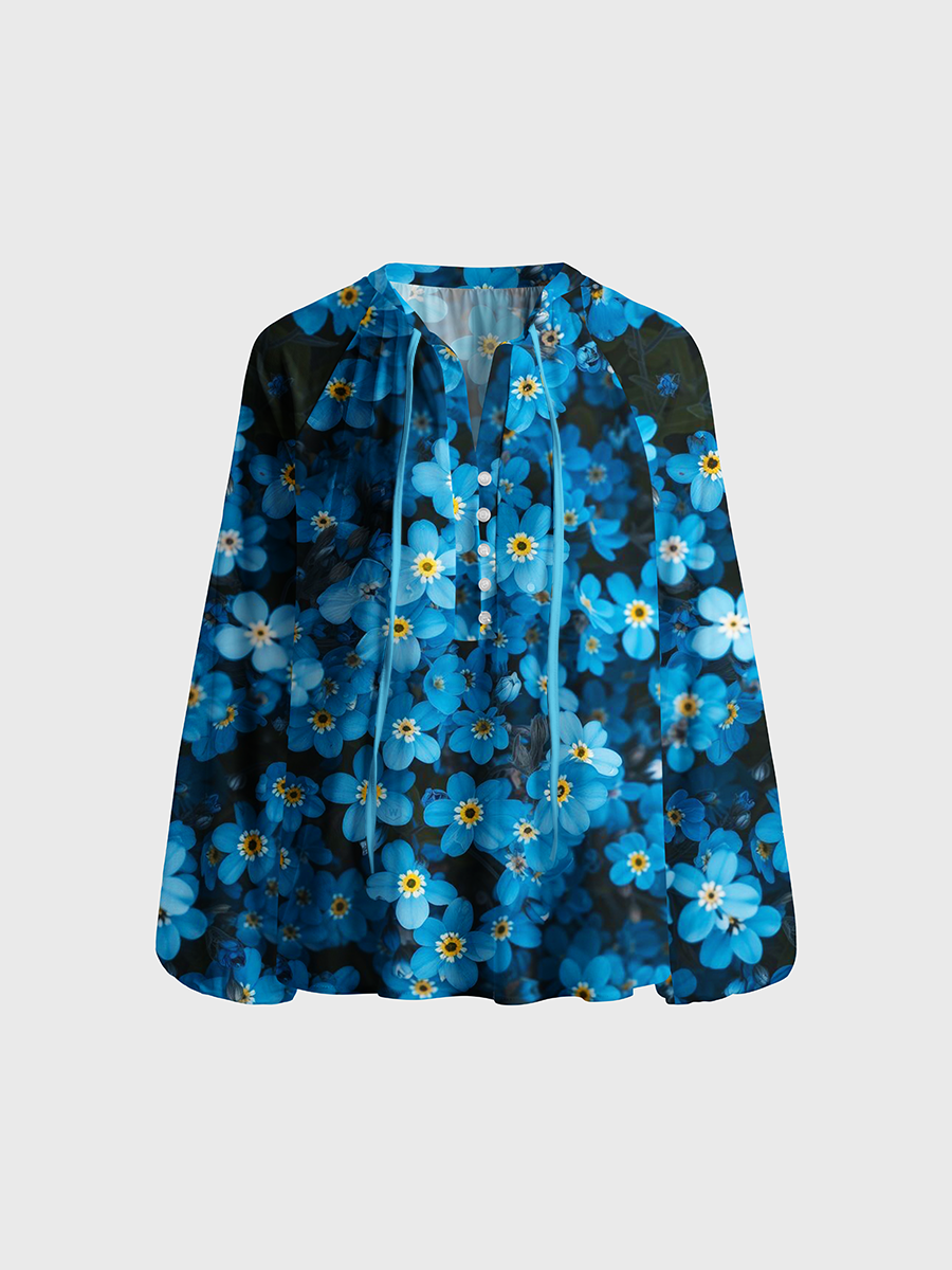 Dense Flower Field Pattern Neck Tie Blouse