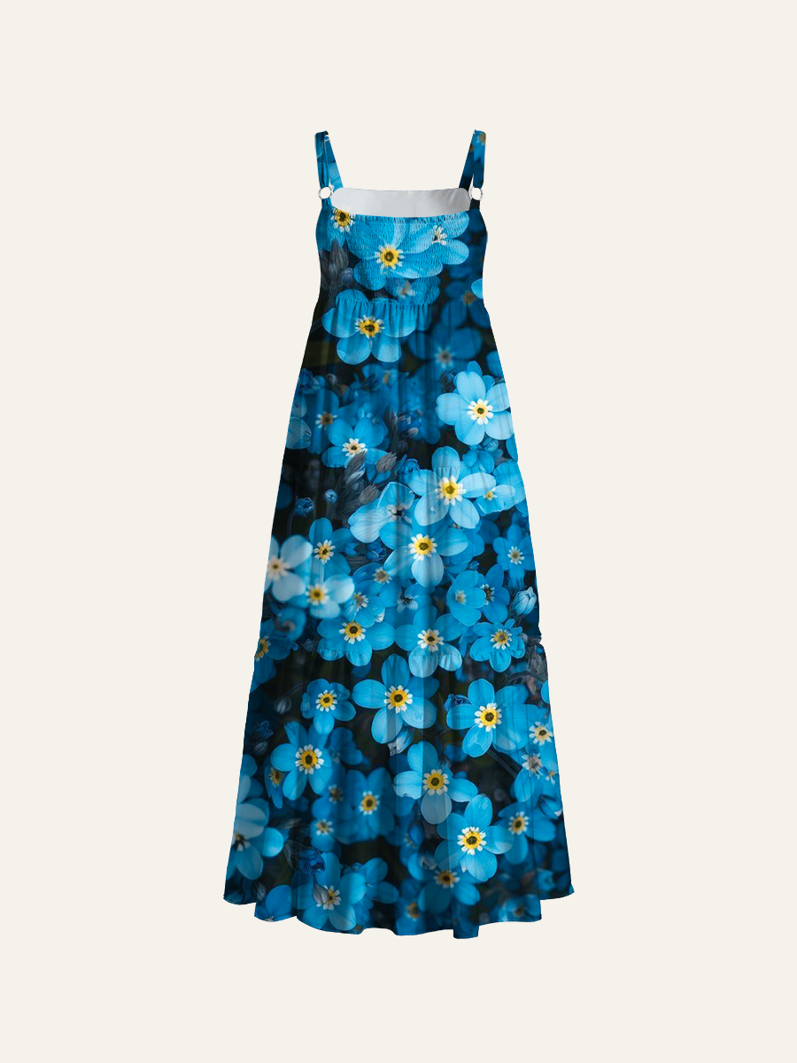 Dense Flower Field Pattern Adjustable Wide Straps Maxi Dress