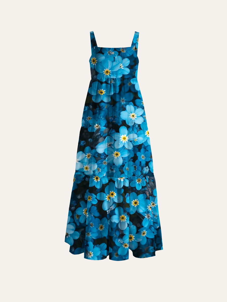 Dense Flower Field Pattern Adjustable Wide Straps Maxi Dress