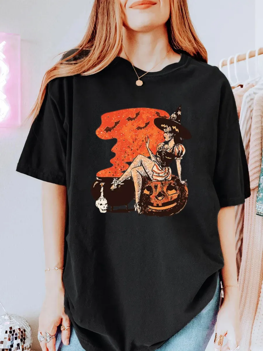 Vintage Halloween Witch Cauldron Oversize Graphic Tee