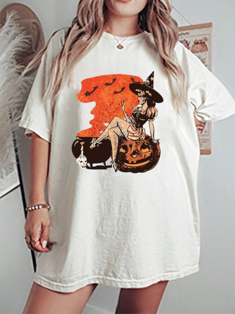 Vintage Halloween Witch Cauldron Oversize Graphic Tee