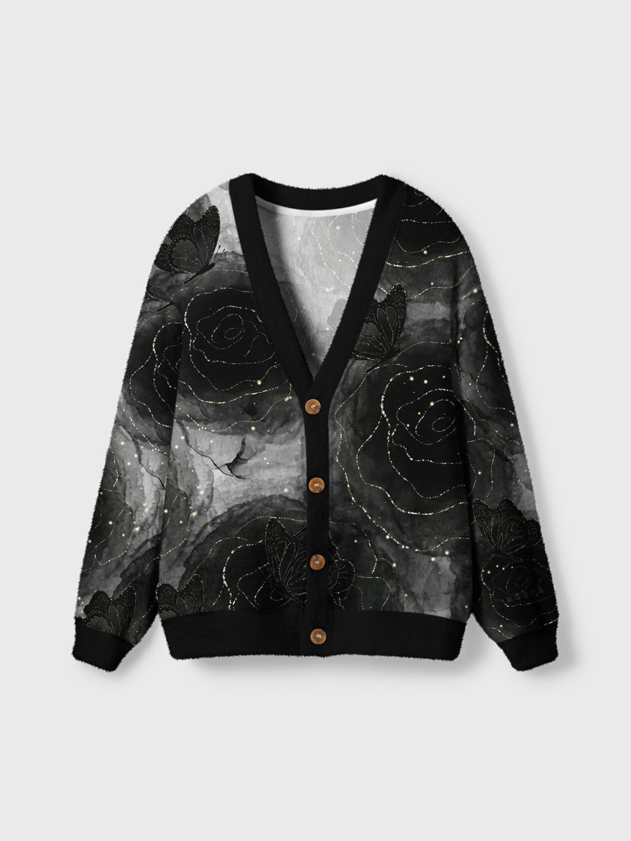 Vintage Roses and Gold-Edged Butterflies Cardigan Sweaters