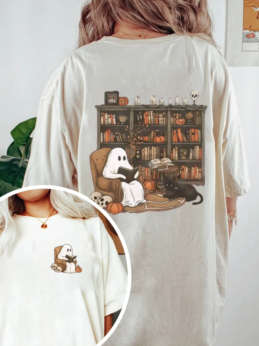 Vintage Ghost Reading Books Oversize Graphic Tee