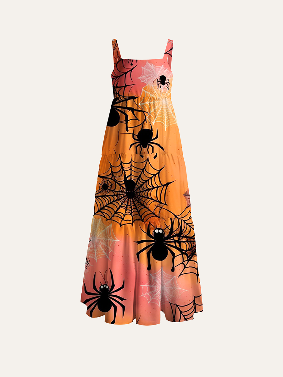 Halloween Spider Web Cartoon Adjustable Wide Straps Maxi Dress