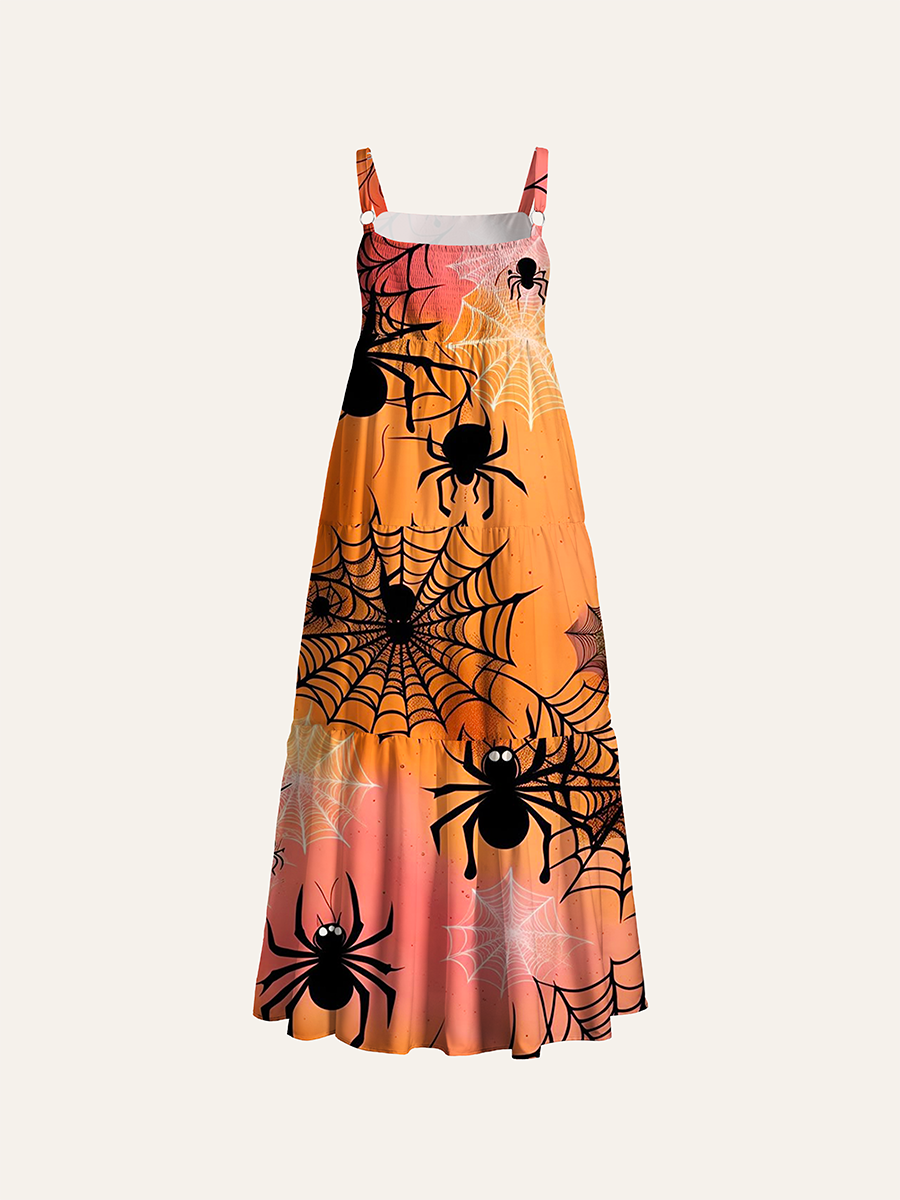 Halloween Spider Web Cartoon Adjustable Wide Straps Maxi Dress