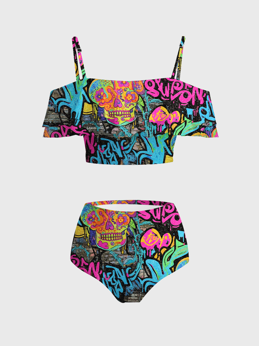 Vintage  Retro Pop Abstract Floral Motifs Two Piece Ruffled Tankini Swimsuit