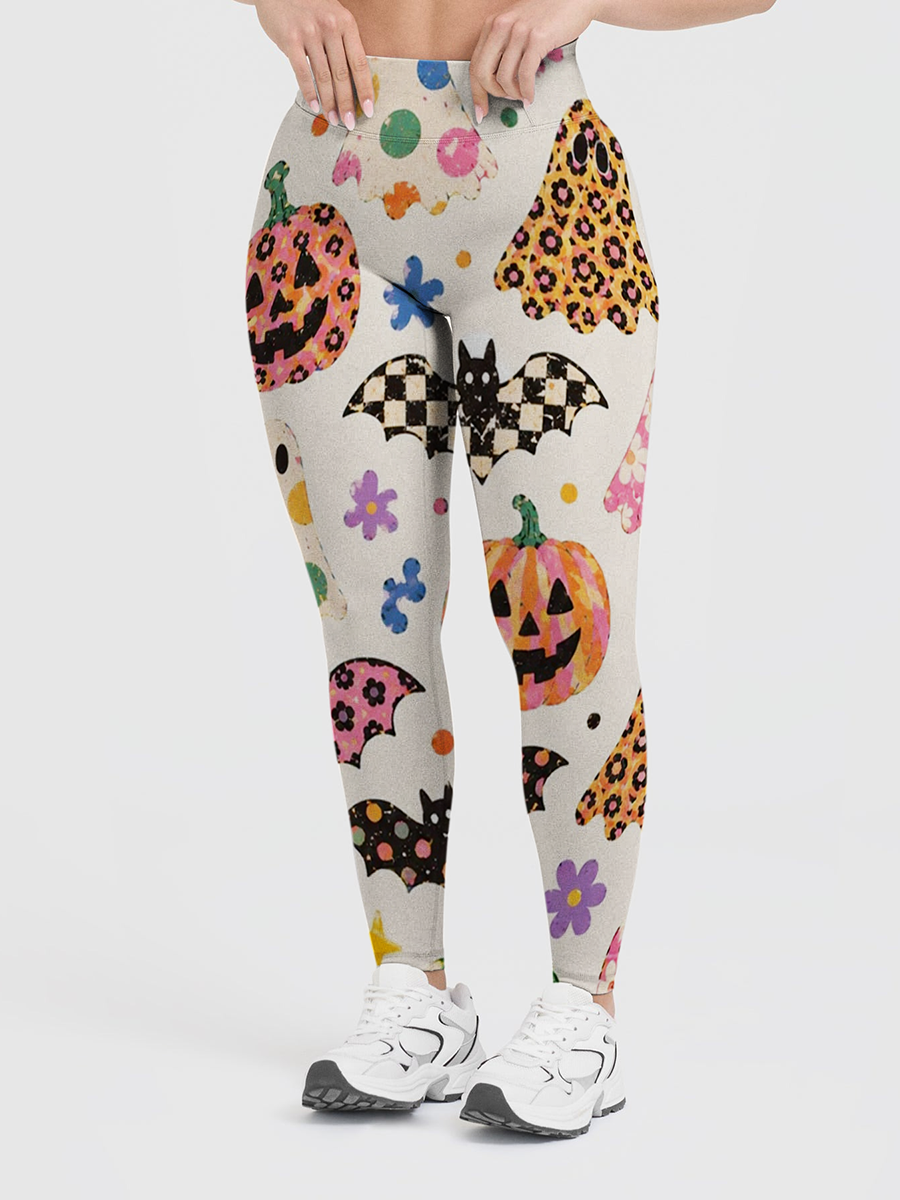 Vintage Retro Boho Doodle Ghost Pumpkin Bat Halloween Leggings