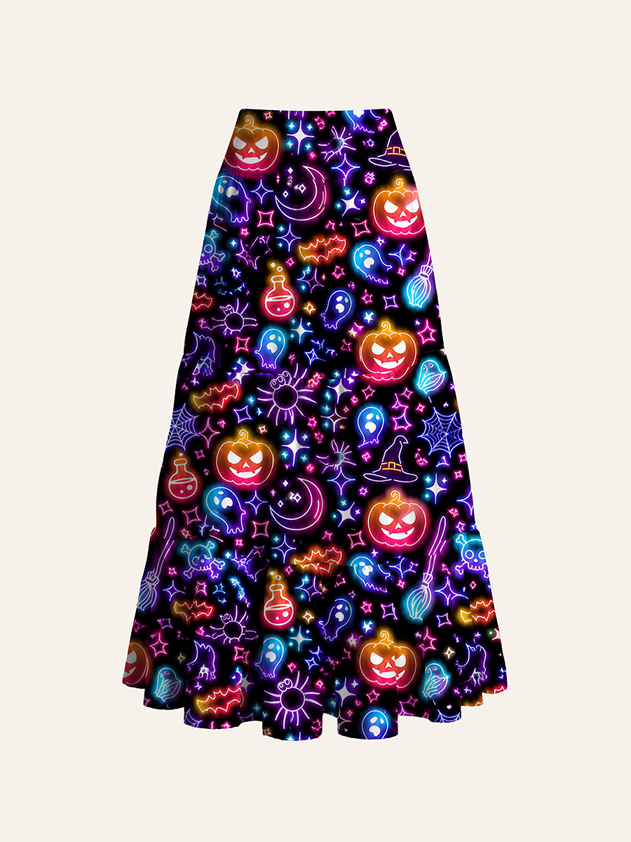 Neon Line Art Halloween Pumpkin Witch Ghost Black Cabinet Convertible Maxi Skirts