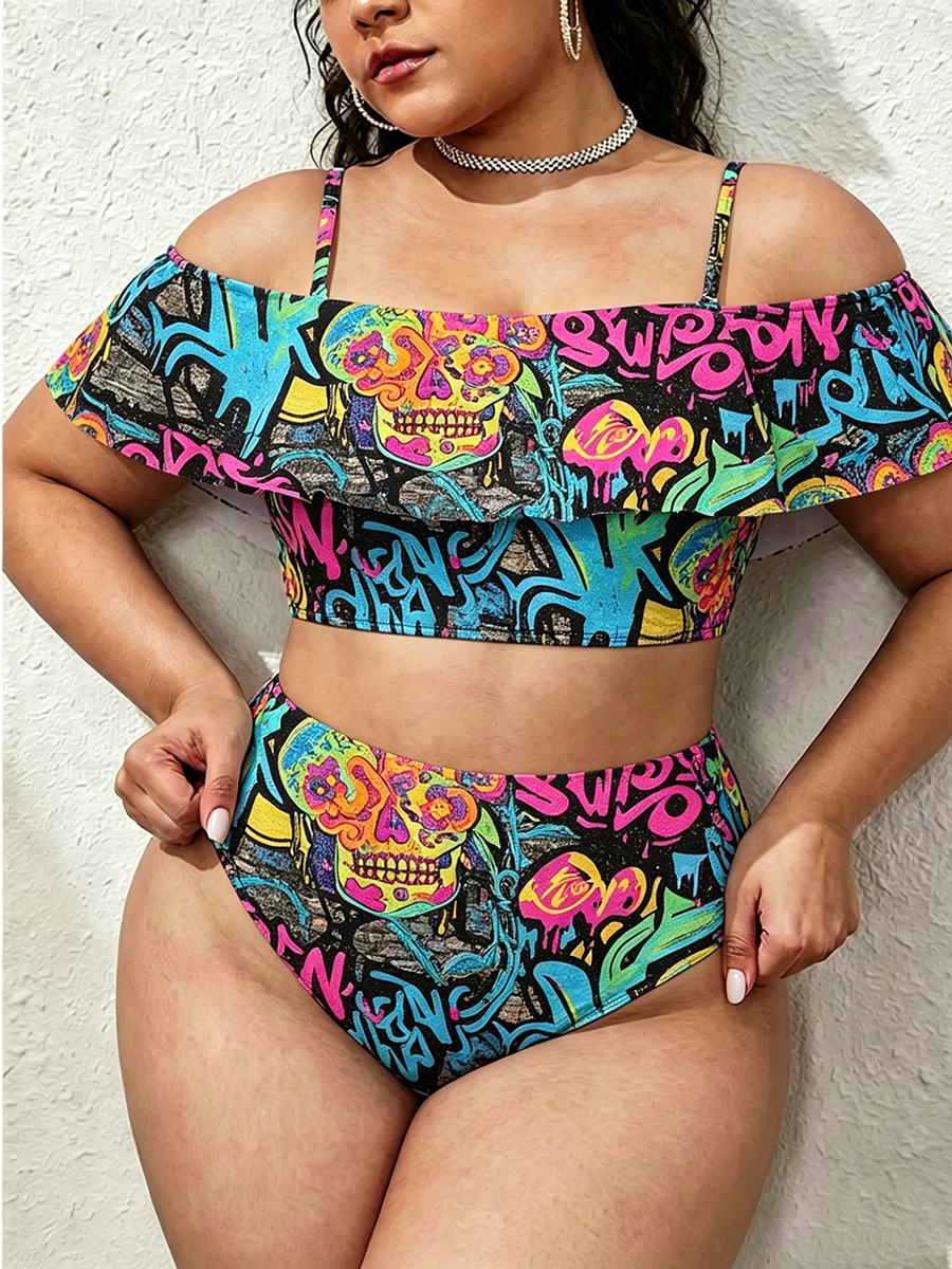 Vintage  Retro Pop Abstract Floral Motifs Two Piece Ruffled Tankini Swimsuit