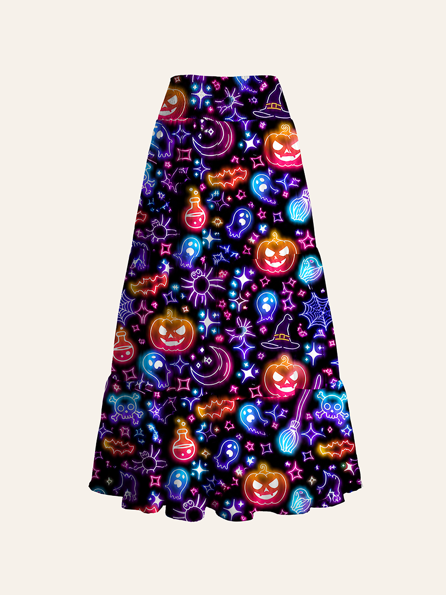 Neon Line Art Halloween Pumpkin Witch Ghost Black Cabinet Convertible Maxi Skirts