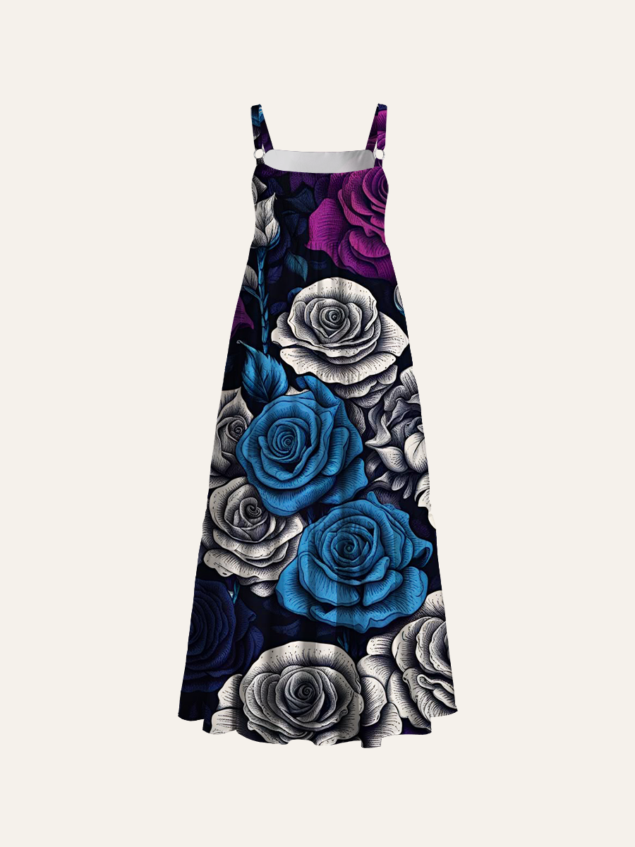 Academia Botanical Pattern Adjustable Wide Straps Maxi Dress