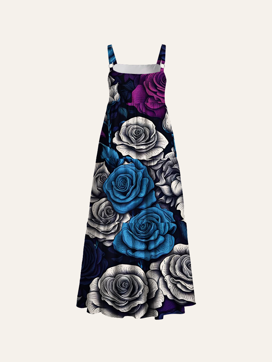 Academia Botanical Pattern Adjustable Wide Straps Maxi Dress