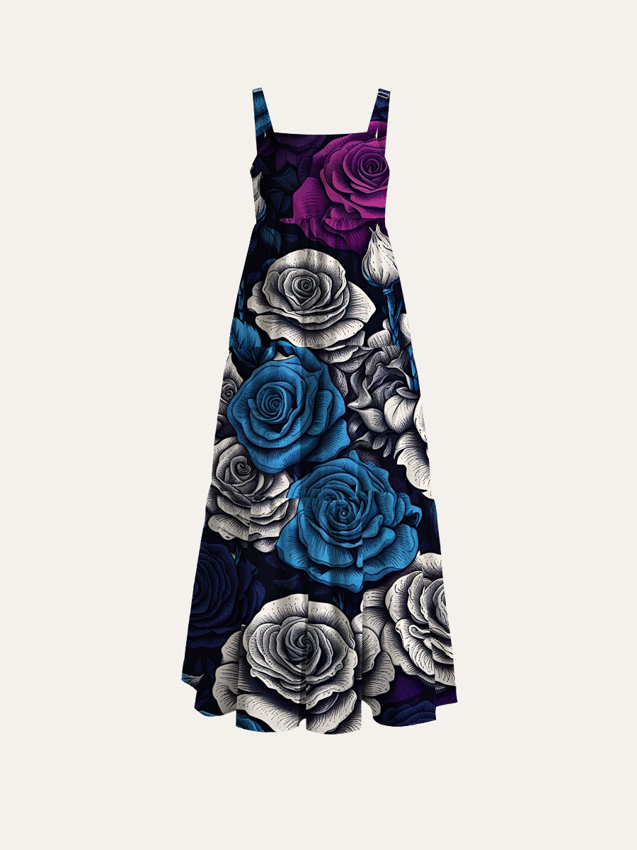 Academia Botanical Pattern Adjustable Wide Straps Maxi Dress
