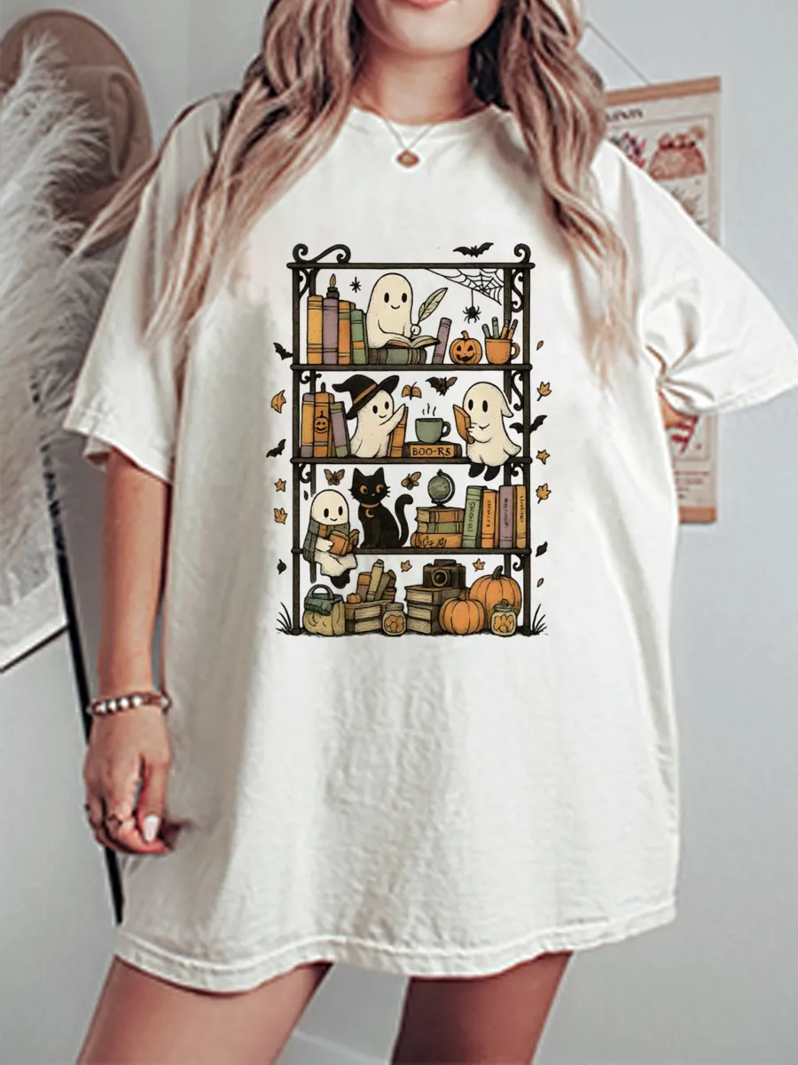 Vintage Halloween Bookshelf Oversize Graphic Tee