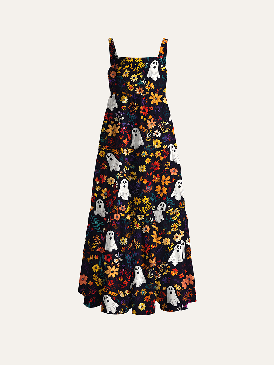 Dark Vintage Bookshelf Floral Ghost Halloween Adjustable Wide Straps Maxi Dress