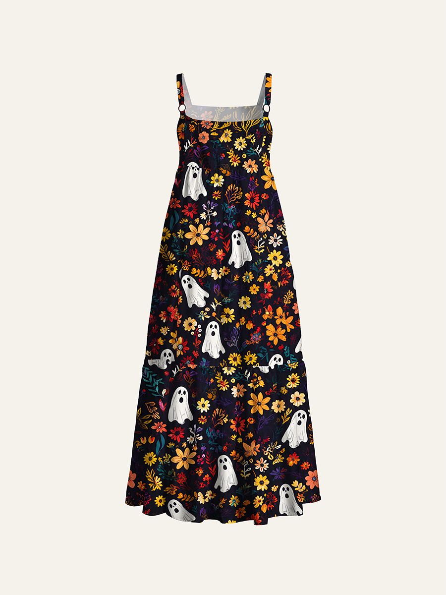Dark Vintage Bookshelf Floral Ghost Halloween Adjustable Wide Straps Maxi Dress