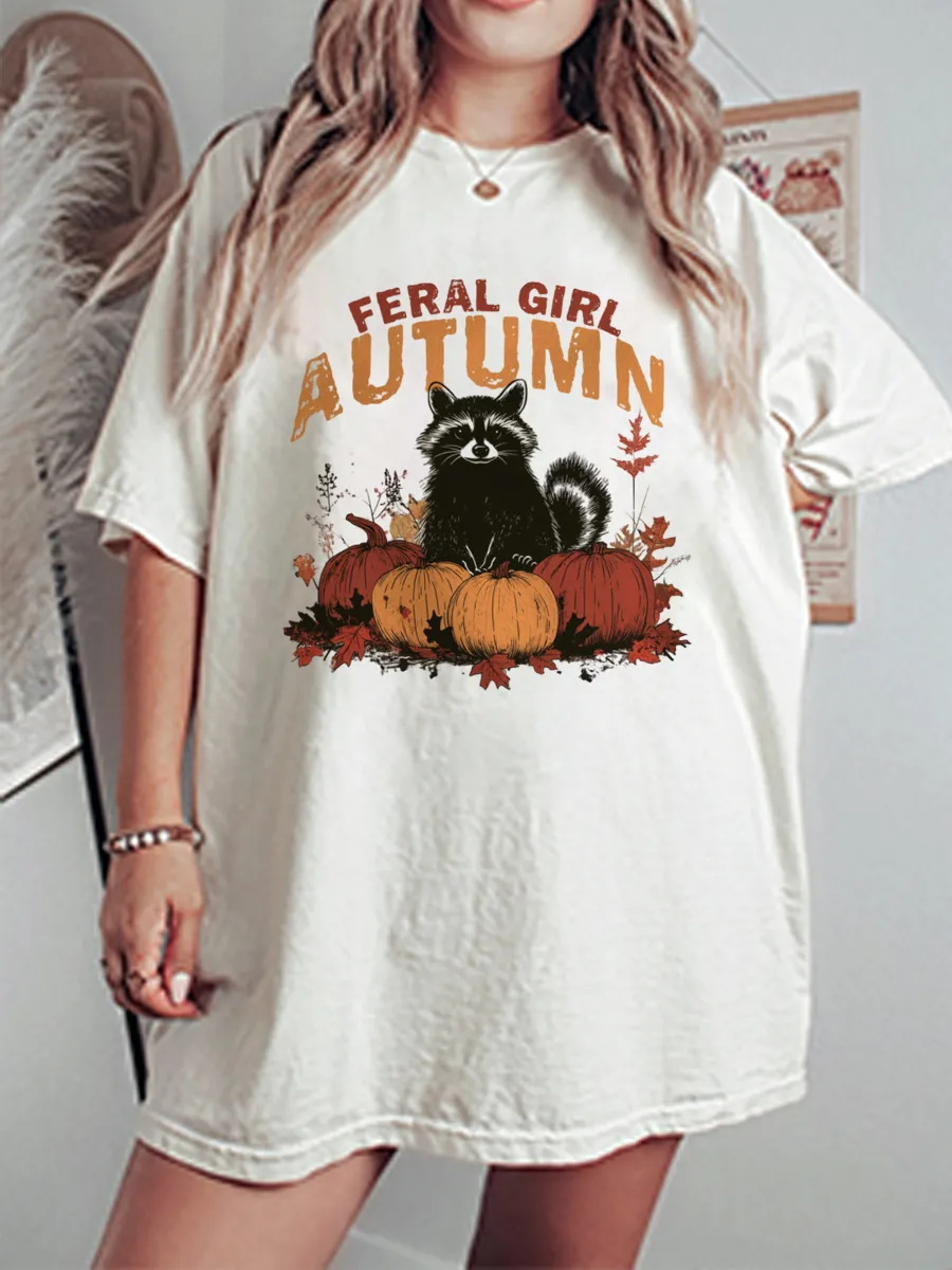 Vintage Feral Girl Autumn Oversize Graphic Tee