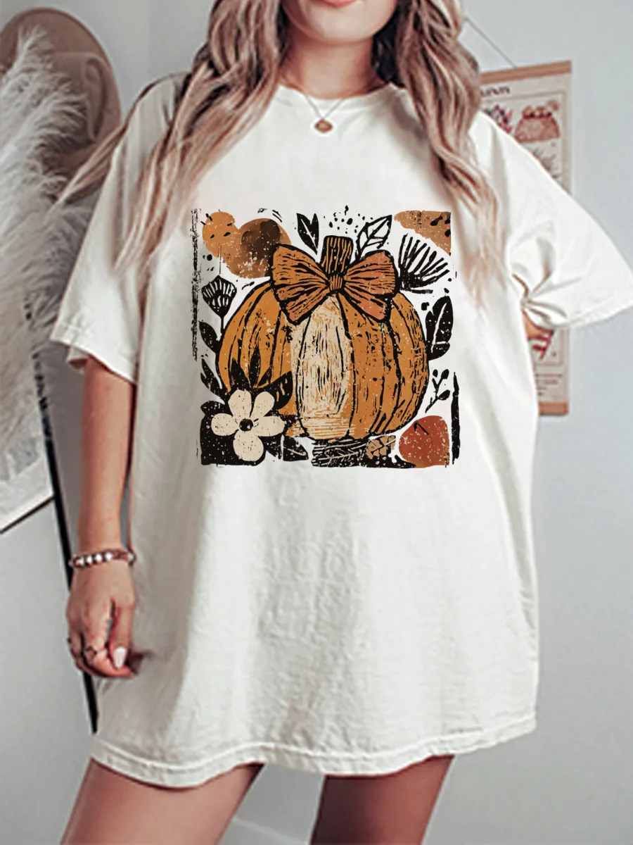 Vintage Pumpkin Boho Floral Oversize Graphic Tee