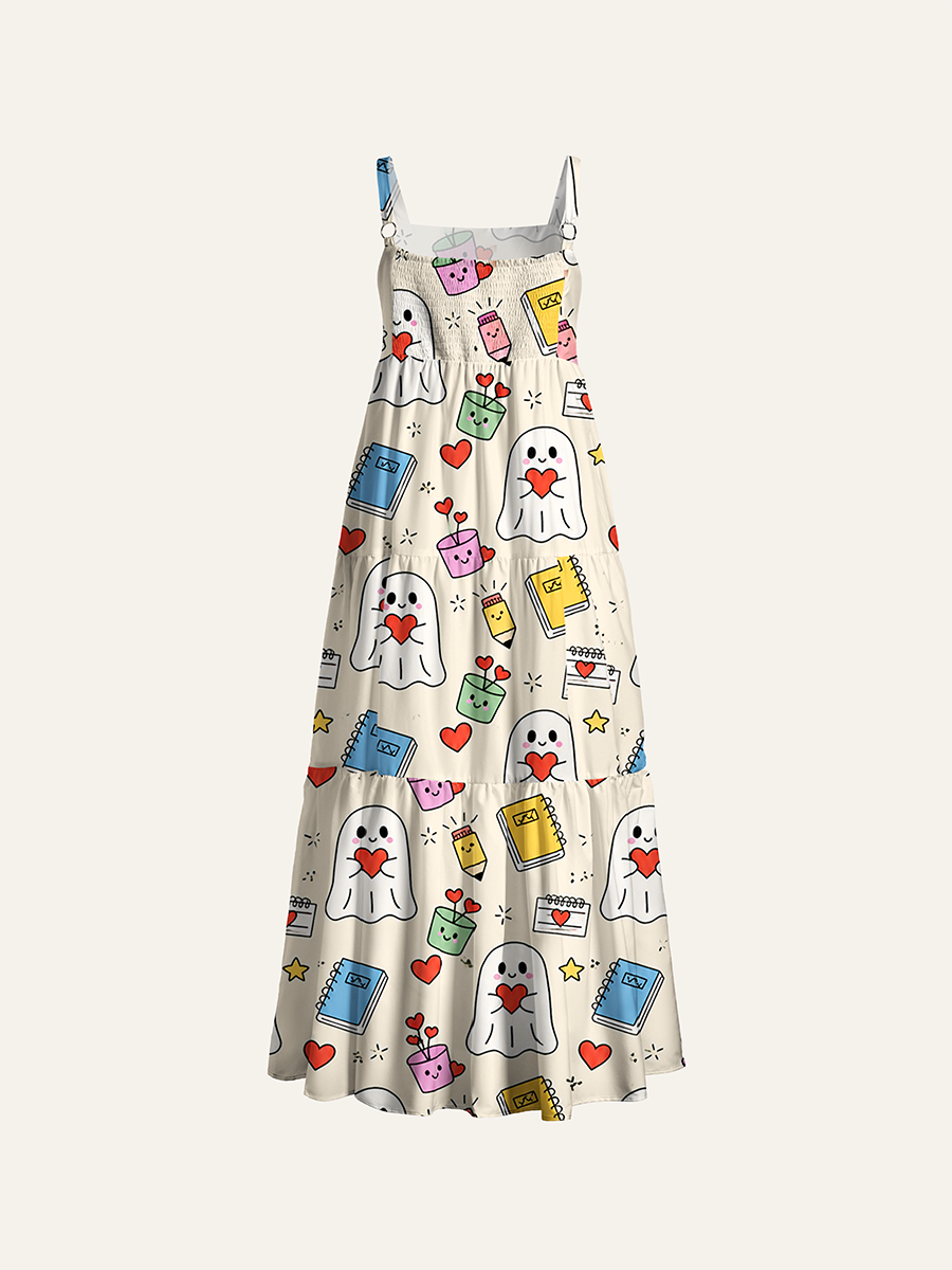 Cream Cute Heart Ghost School Supply Adjustable Wide Straps Maxi Dress
