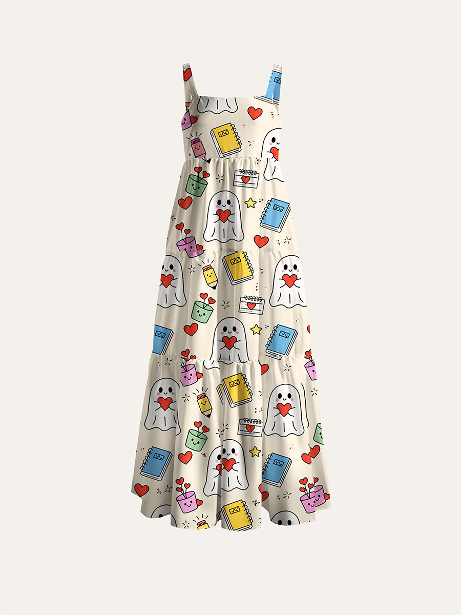 Cream Cute Heart Ghost School Supply Adjustable Wide Straps Maxi Dress