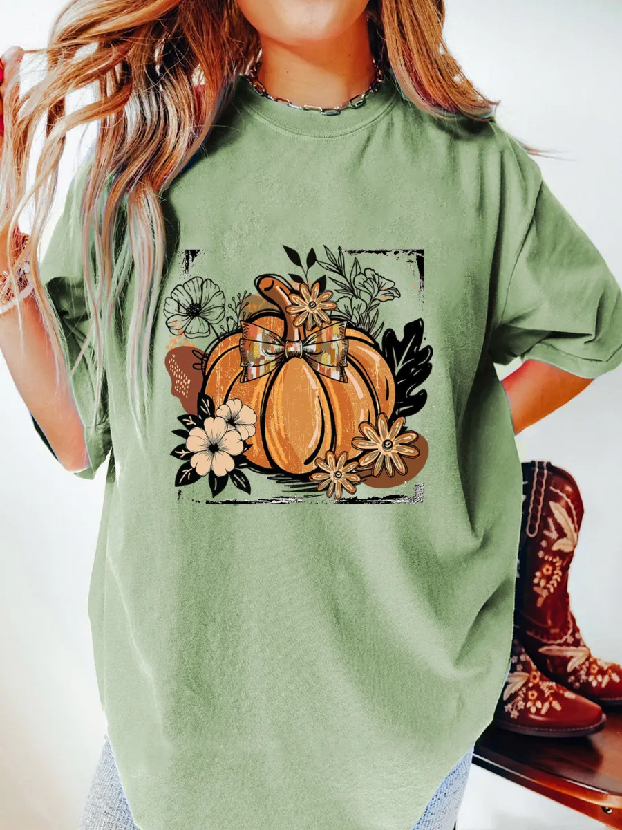 Vintage Floral Fall Pumpkin Oversize Graphic Tee