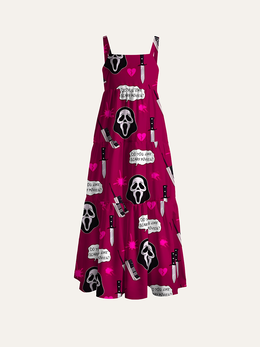 Coquette Scream Ghostface Adjustable Wide Straps Maxi Dress