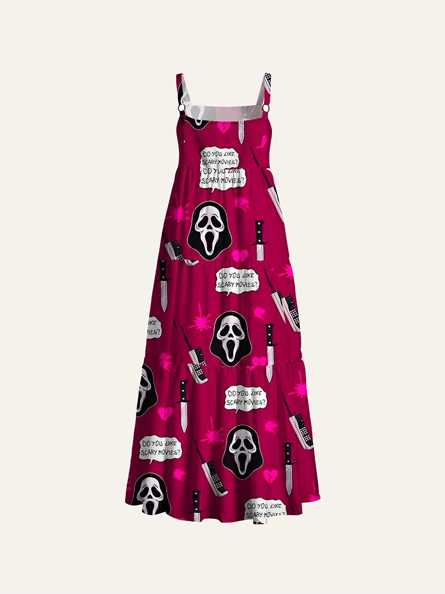 Coquette Scream Ghostface Adjustable Wide Straps Maxi Dress