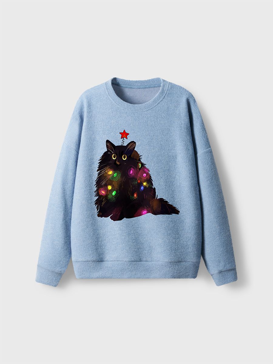 Vintage Christmas Lights Cat Tee Fuzzy Sweater