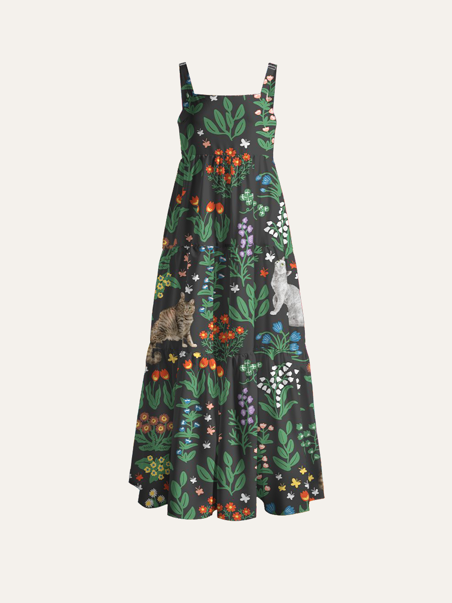 Whimsical Flower Cats Adjustable Wide Straps Maxi Dress