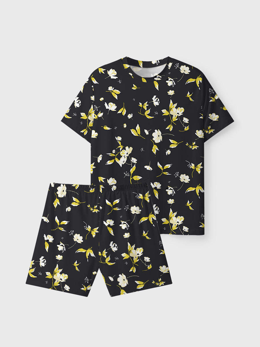Vintage Black & Yellow Floral Short Pajamas