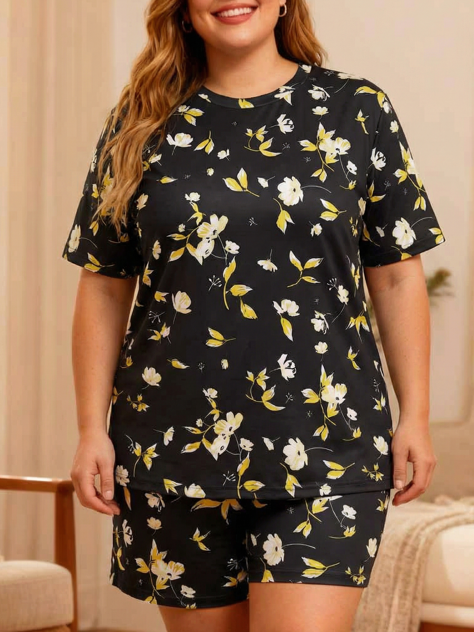 Vintage Black & Yellow Floral Short Pajamas