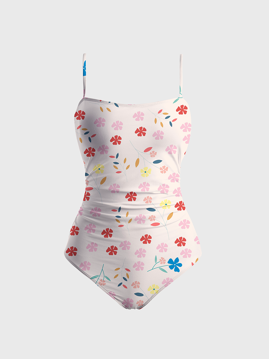 Vintage Soft Pastel Floral One Piece Slim-Strap Swimsuit