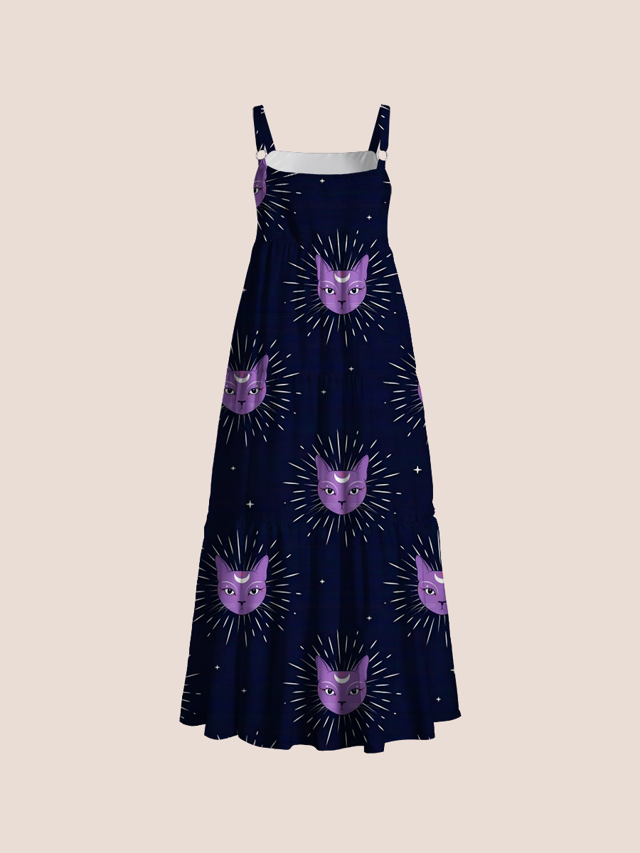 Bohemian Celestial Cat Adjustable Wide Straps Maxi Dress