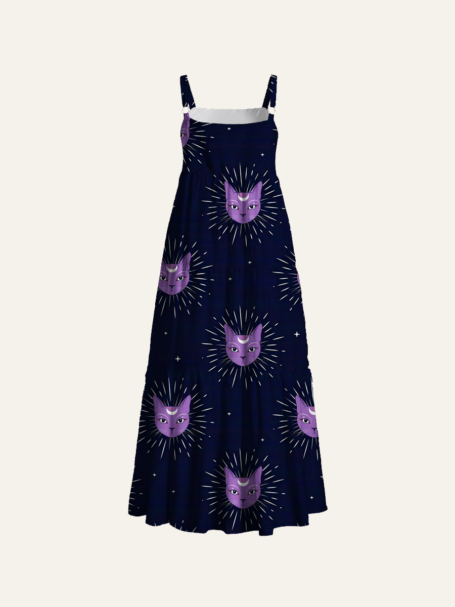 Bohemian Celestial Cat Adjustable Wide Straps Maxi Dress
