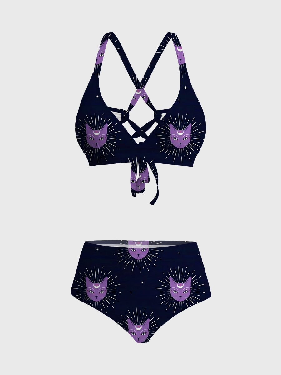 Vintage Bohemian Celestial Cat Two Piece Ruffled Tankini Swimsuit