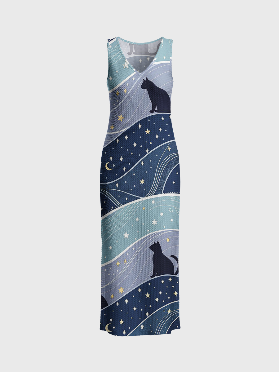 Moon And Star Cats Open Stitch Midi Dress