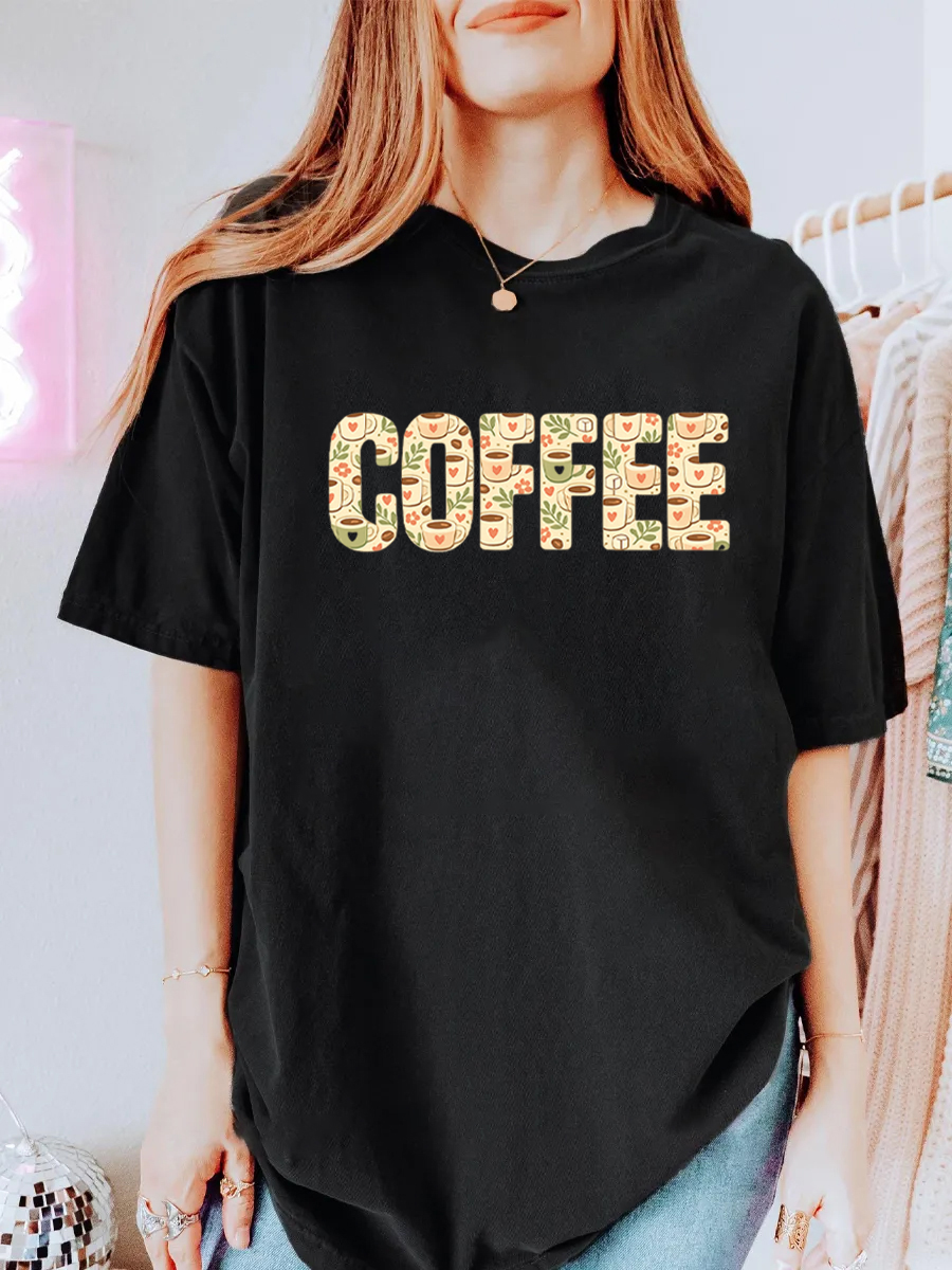 Vintage Floral Coffee Design Oversize Graphic Tee