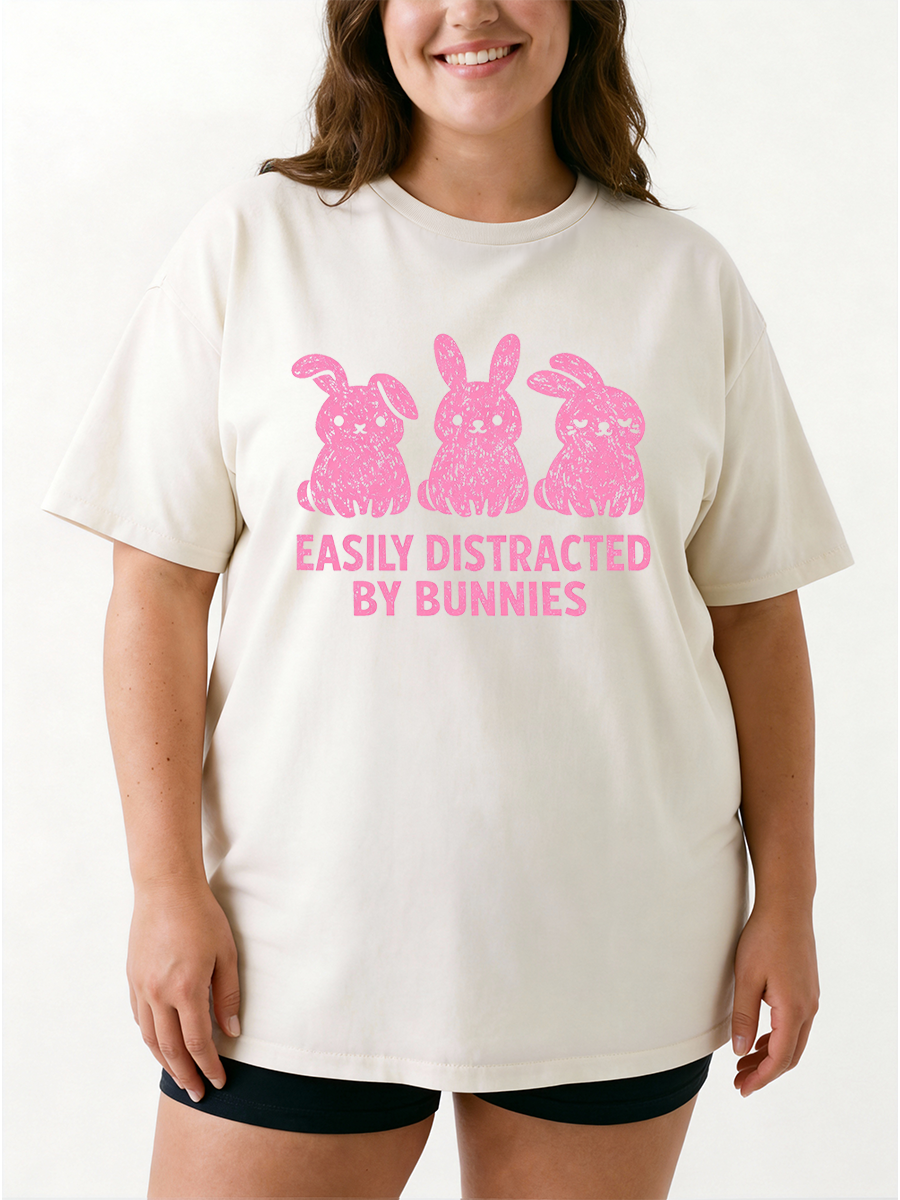 Vintage Easily Distracted By Bunnies Oversize Graphic Tee