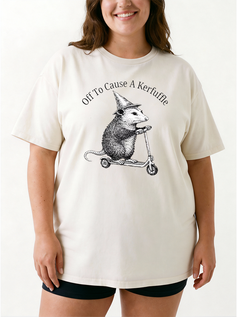 Vintage Off To Cause A Kerfuffle Funny Opossum Scooter Oversize Graphic Tee