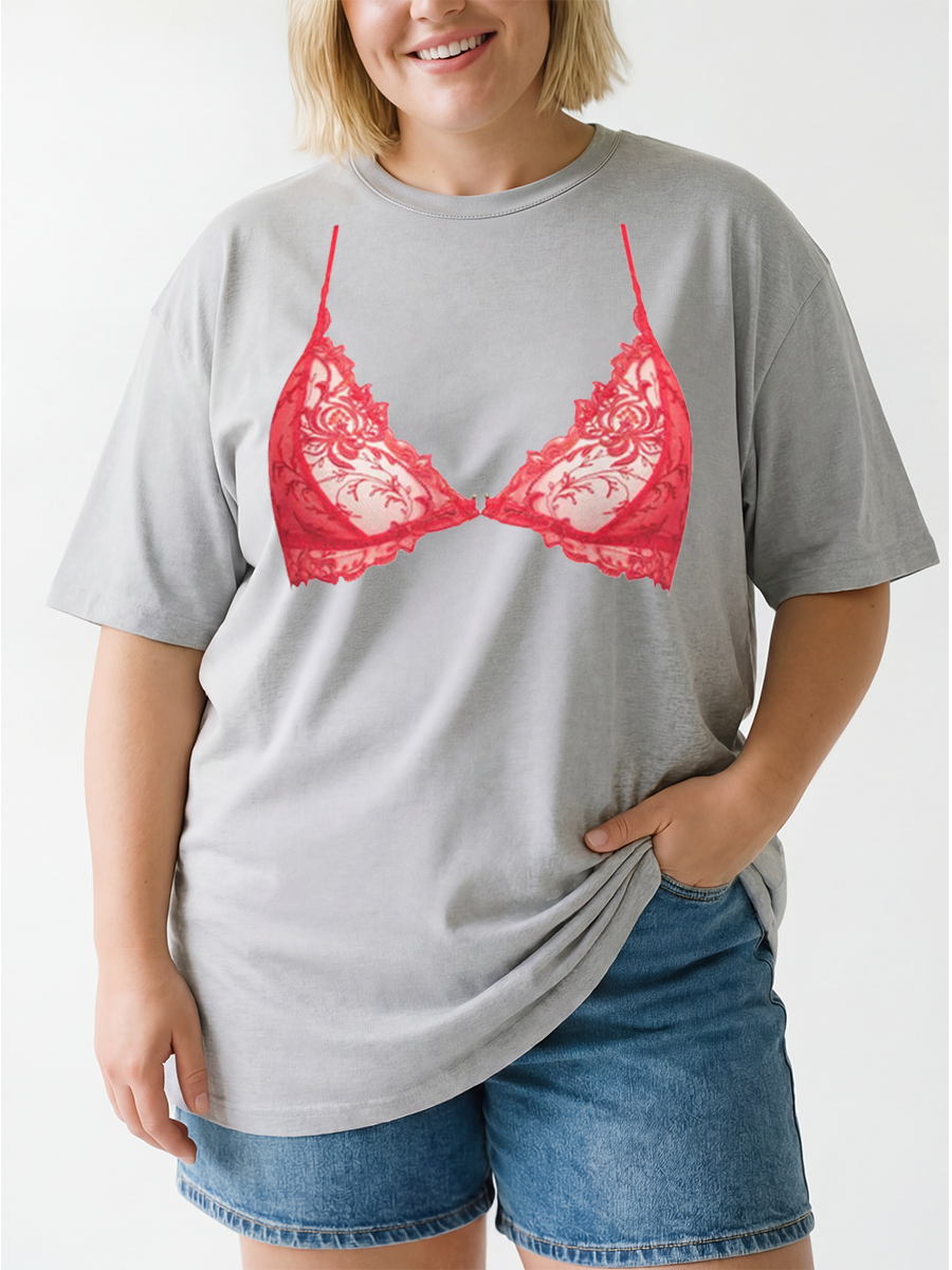 Vintage Red Lace Bralette Oversize Graphic Tee