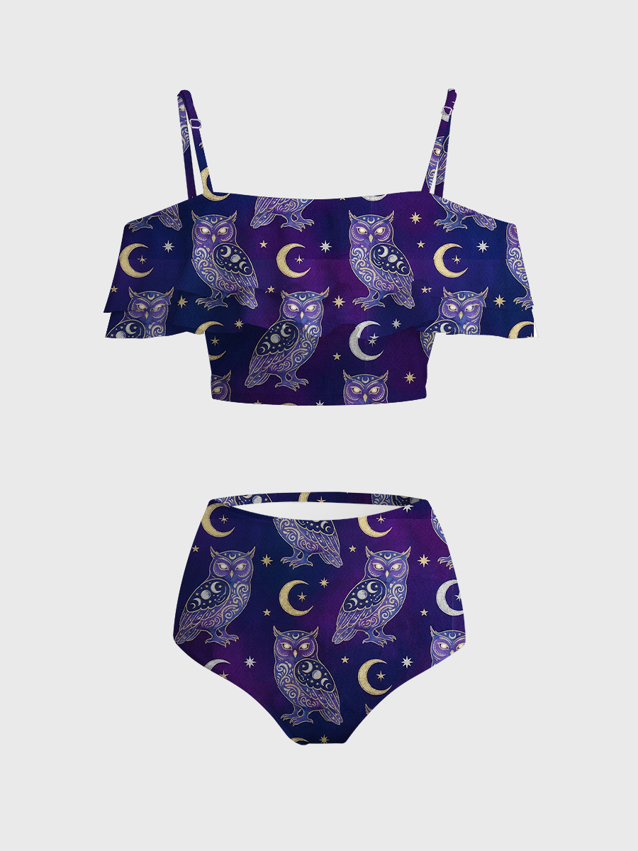 Vintage Mystical Owl With Moon Symbols Two Piece Ruffled Tankini Swimsuit