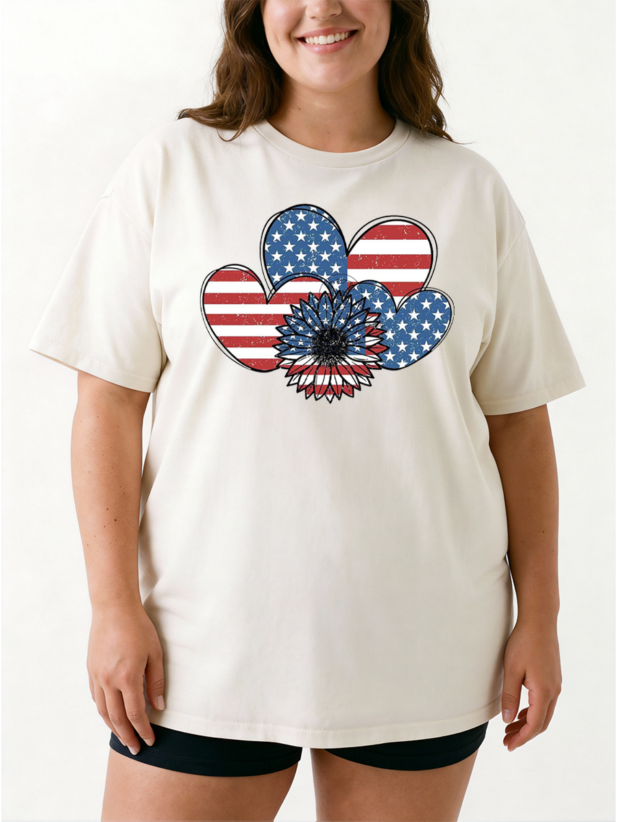 Vintage Patriotic Heart And Sunflower Oversize Graphic Tee