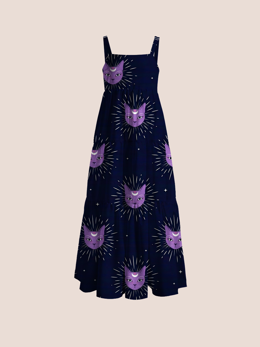 Bohemian Celestial Cat Adjustable Wide Straps Maxi Dress