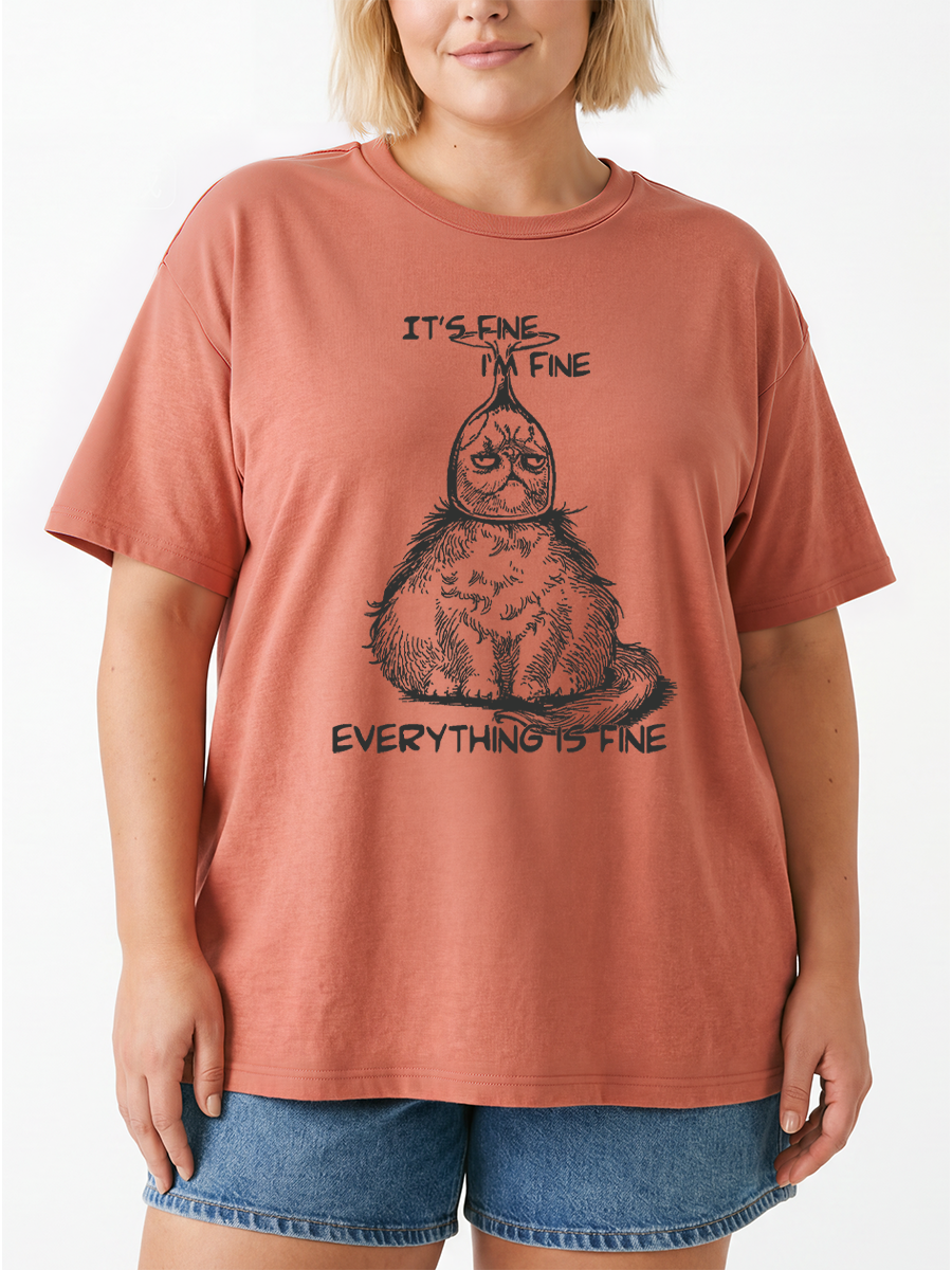 Vintage Everything Is Fine Funny Cat Oversize Graphic Tee