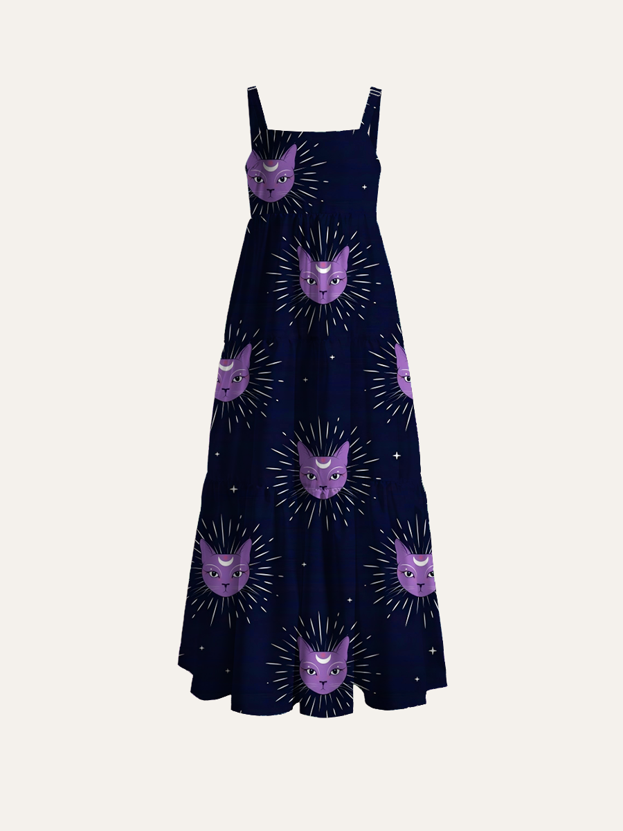 Bohemian Celestial Cat Adjustable Wide Straps Maxi Dress